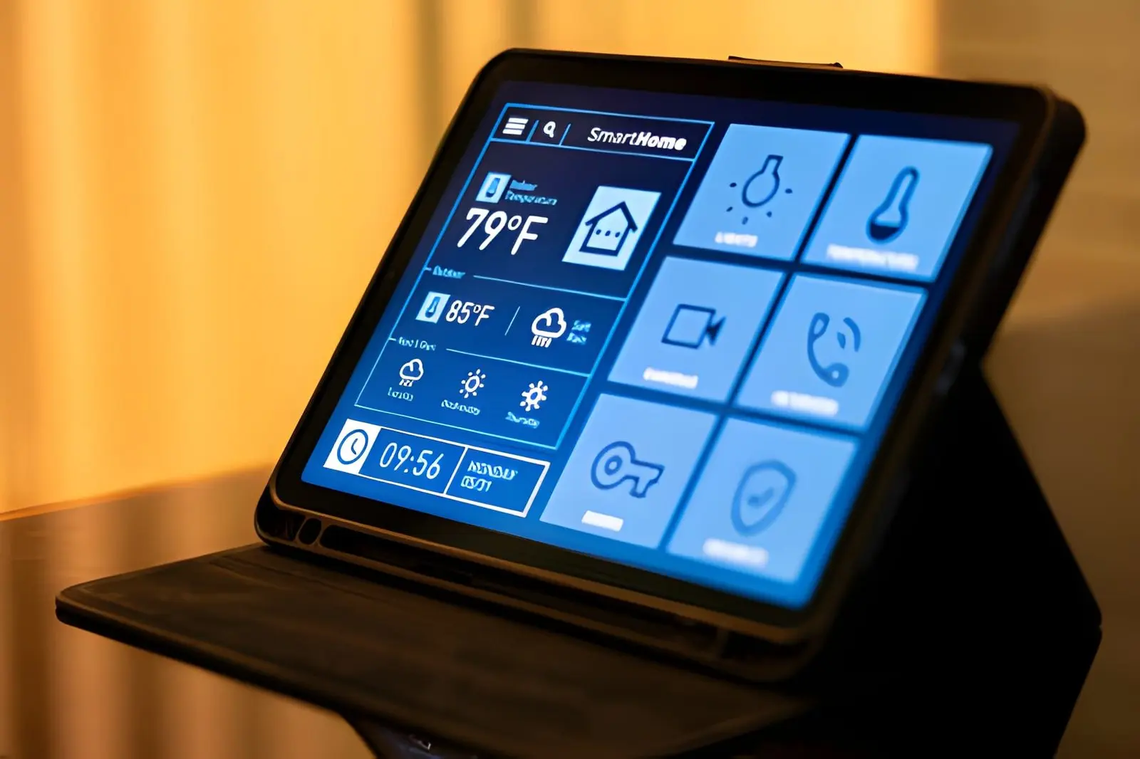 Smart Home Device Integration displaying integrated security cameras, sensors, and real-time monitoring dashboard