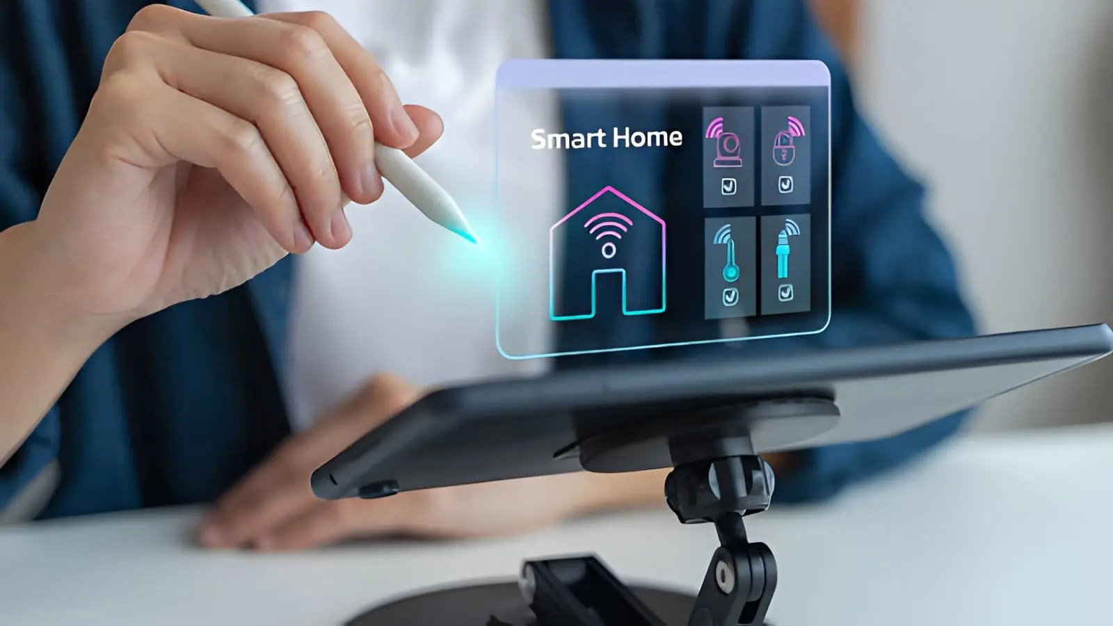 Smart Living Room Control Panel Whole Home Automation Systems in modern living room with smart control interface