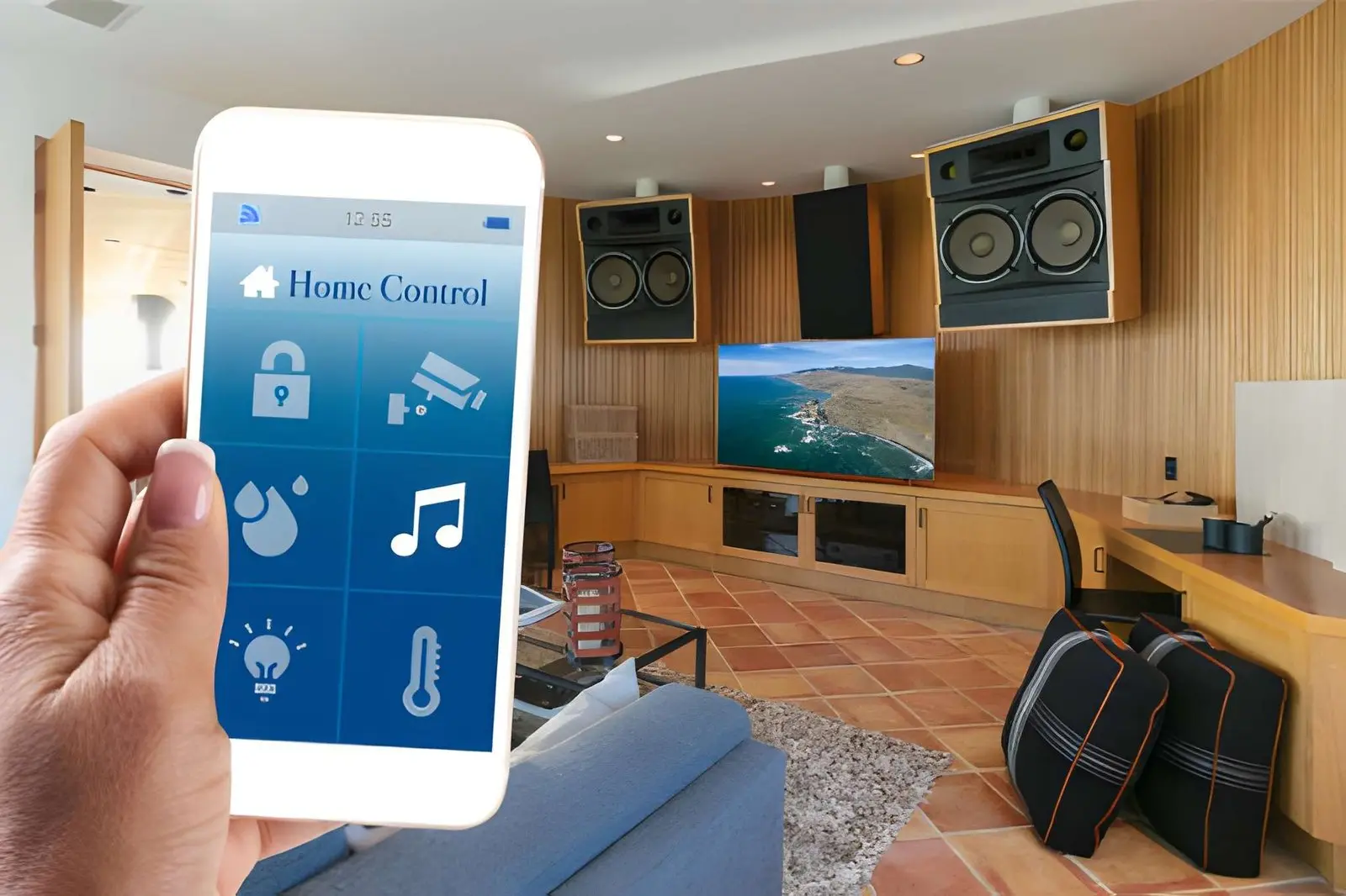Wall-mounted interface displaying Audio Visual And Smart Home Integration dashboard for smart home device management