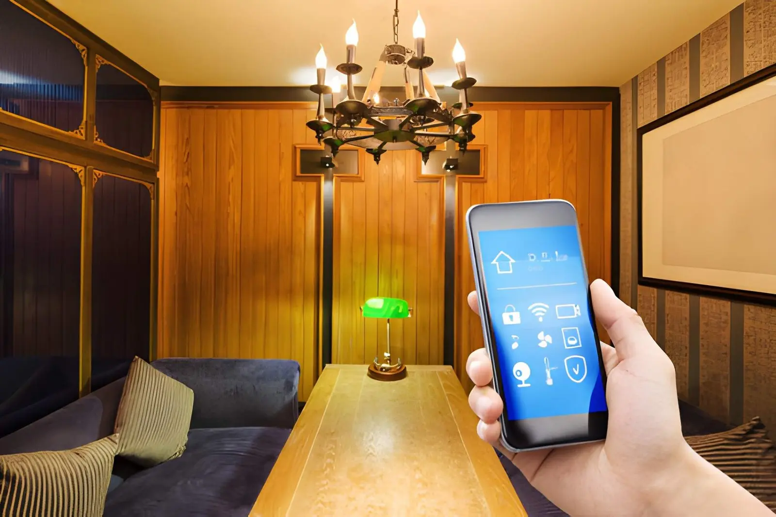 Modern Living Room Smart Control Interior showing Smart Lighting And Shade Automation system controlling lights and motorized blinds