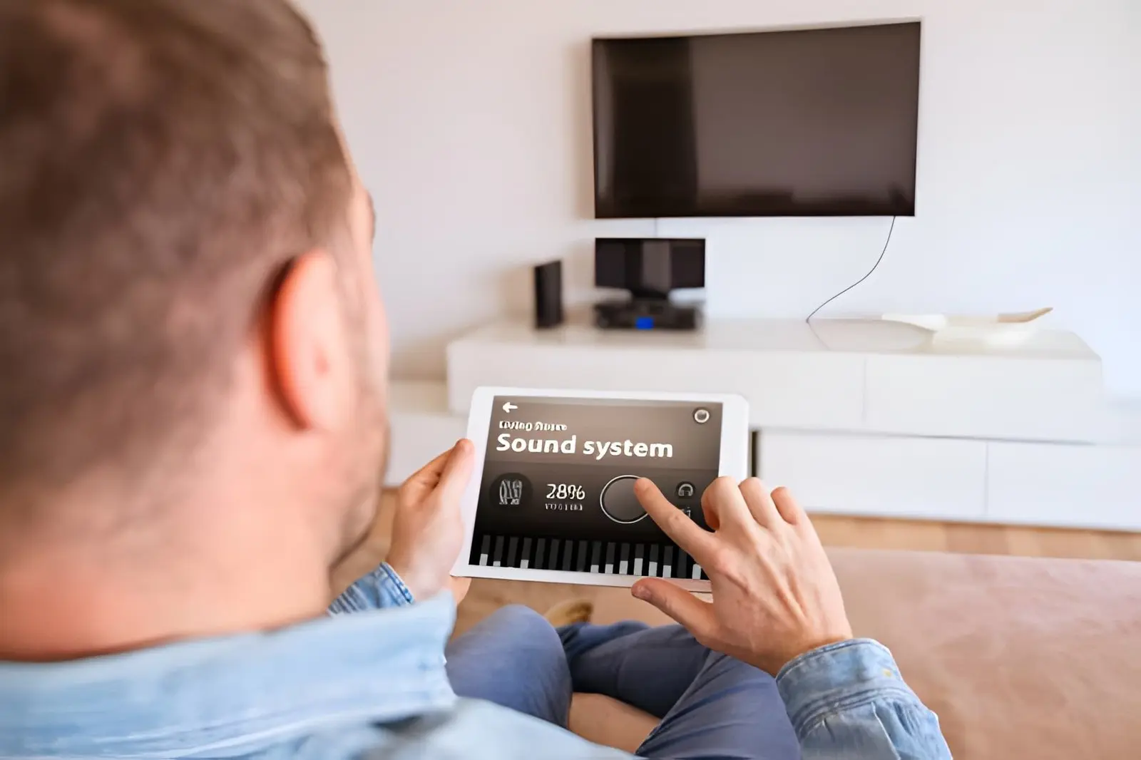 Modern living room showcasing Audio Visual And Smart Home Integration system with automated lighting and entertainment control
